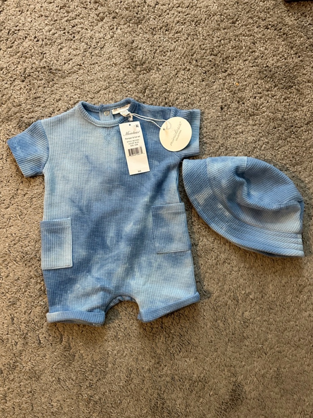Light Blue Waffle Knit Baby Romper & Hat Set